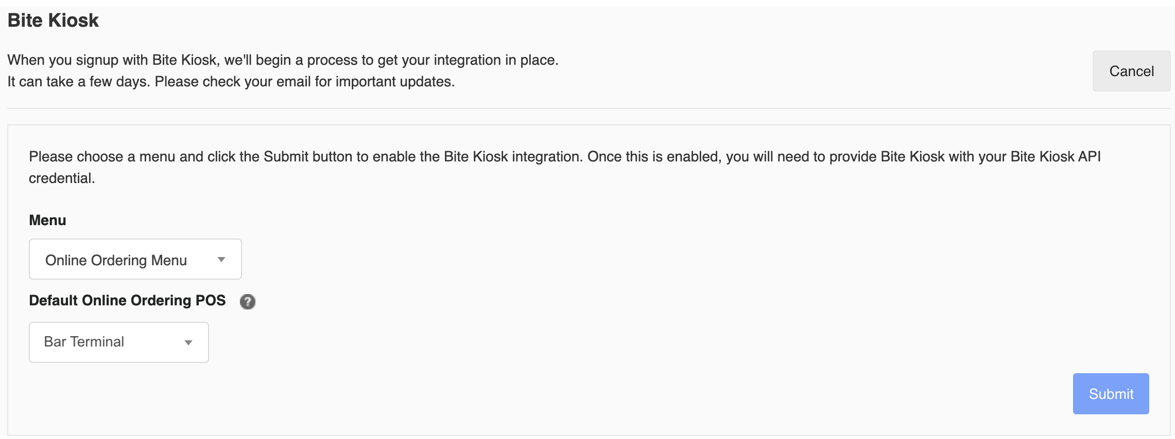Digital Ordering with Bite Kiosk Support Center
