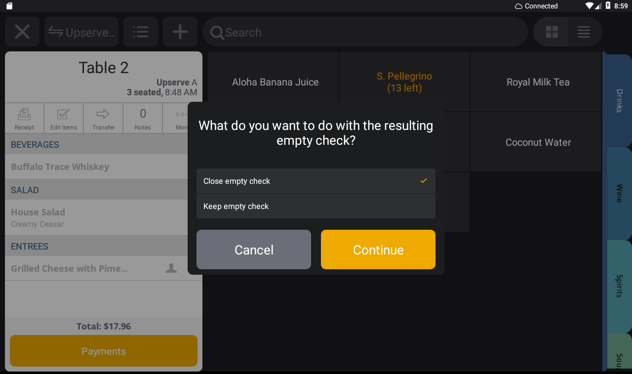 Moving Items to a New, Exisiting or Split Check Support Center