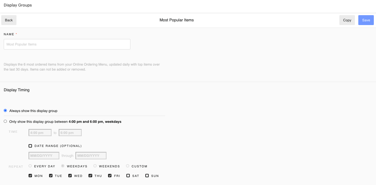 Online Ordering: Most Popular Items Display Group Support Center